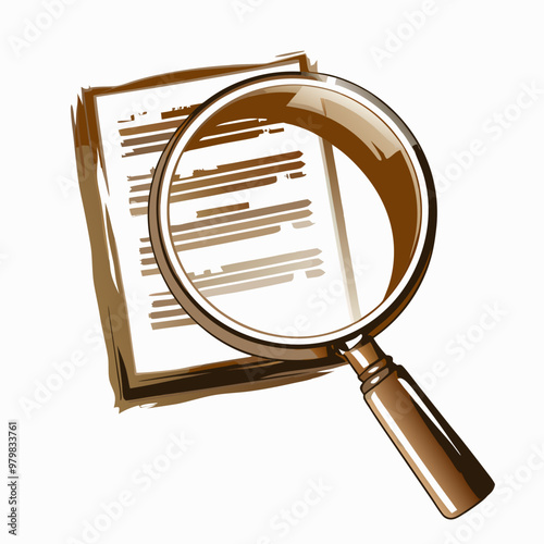 Stylized magnifying glass over document illustration in brown tones on white background