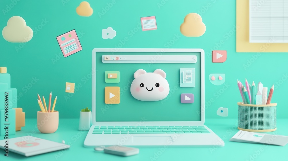 A cute, animated laptop scene with playful icons and pastel colors, focused on digital interaction. A cute, animated laptop scene with playful icons and pastel colors, focused on digital interaction.