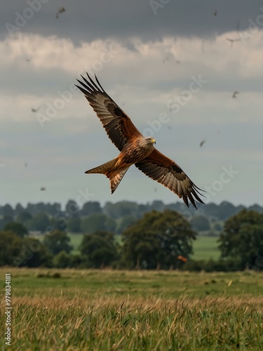 Red kite flying over a field on the outskirts of London.