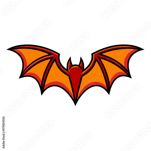 A cartoon bat with red wings and a red pointy tail. The bat is orange and black