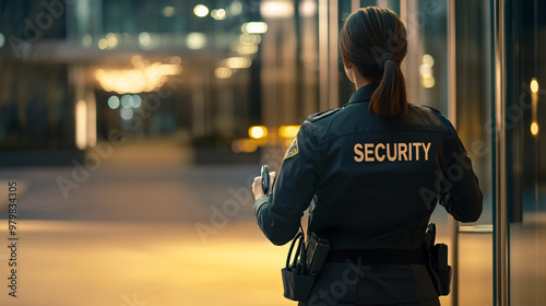Woman security officer is conducting a nighttime patrol to safeguard an office building