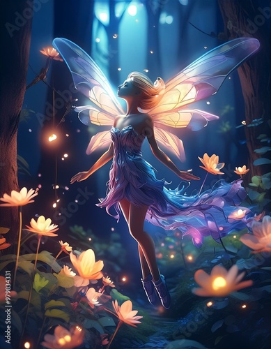 Darklit forest with beautiful flowers and a plus-sized fairy. photo