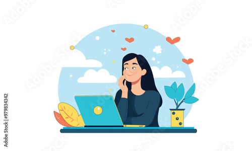 Women thinking about love and working with laptops. Love in the Air concept