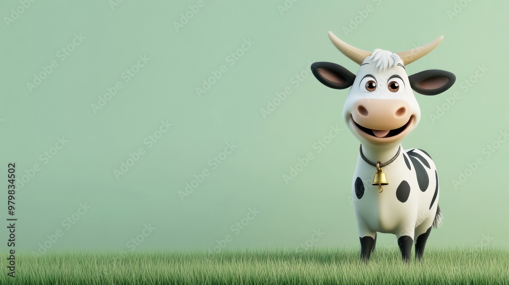 A cheerful cartoon cow standing in a grassy field against a light background. A cheerful cartoon cow standing in a grassy field against a light background.