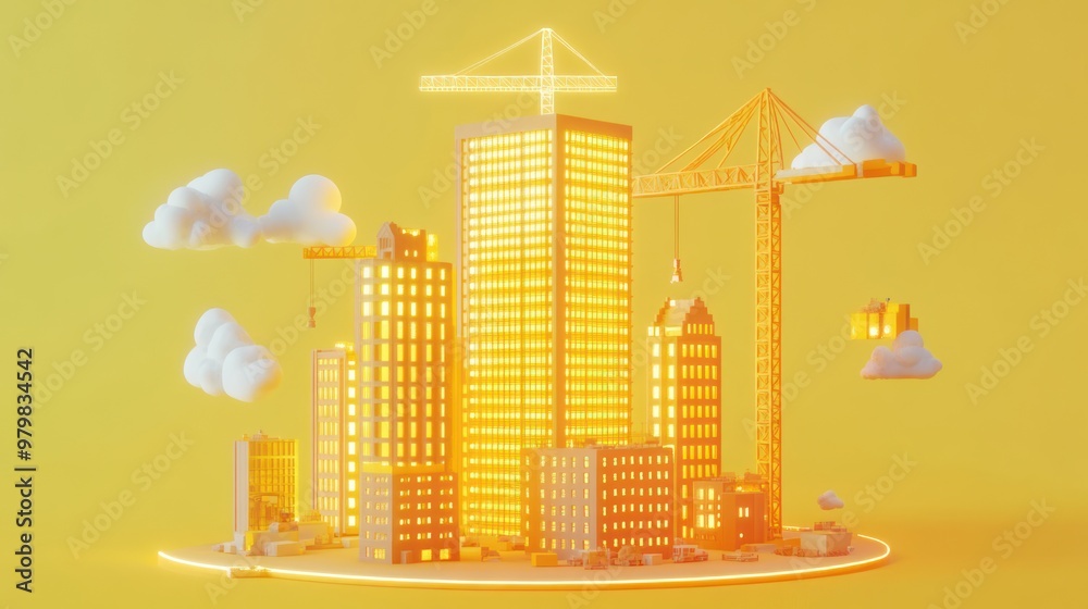 Obraz premium A vibrant construction scene featuring buildings, cranes, and clouds against a yellow backdrop.