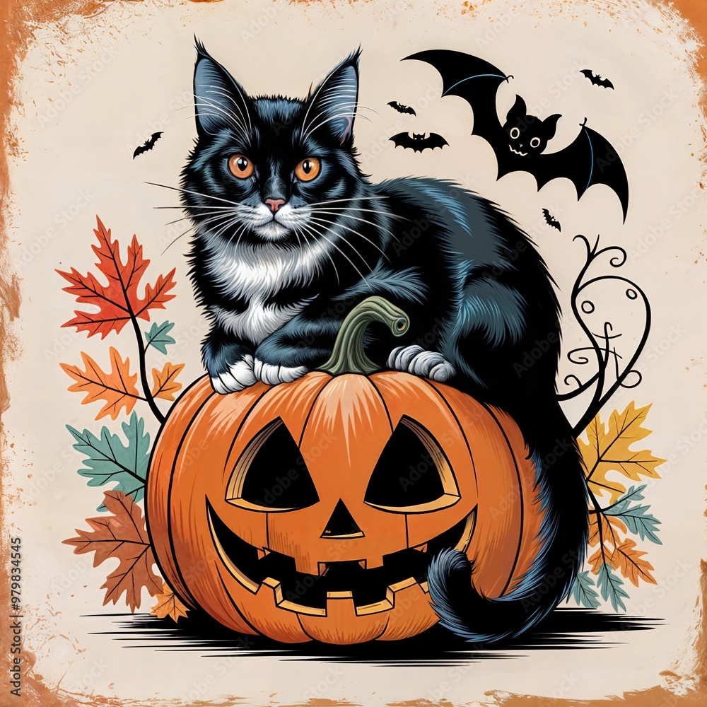 Halloween night, a black cat sits on a pumpkin against the background of autumn leaves and a flock of bats Halloween night, a black cat sits on a pumpkin against the background of autumn leaves and a flock of bats
