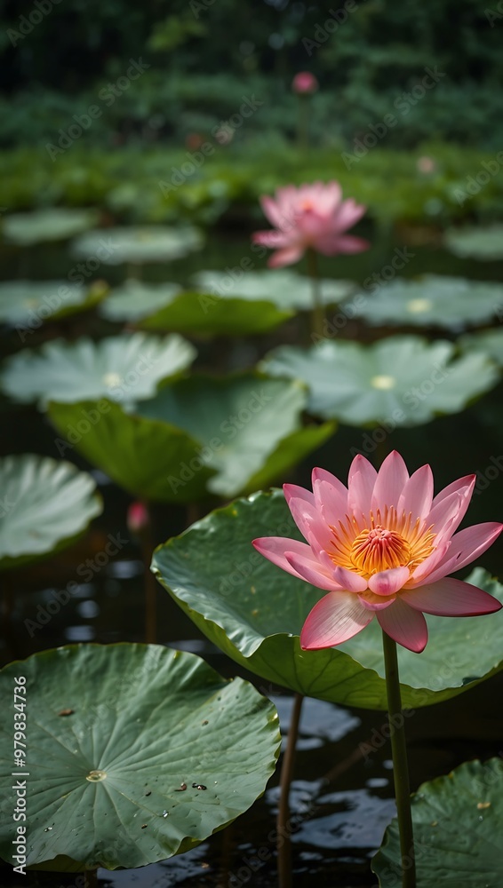 Red lotus flowers stand out against green leaves in the summer. Red lotus flowers stand out against green leaves in the summer.