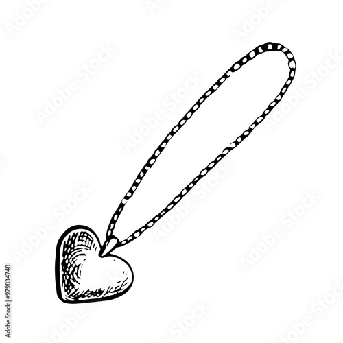 A heart-shaped pendant on a chain. Jewelry. A black and white vector graphic illustration made by hand. Isolate on a white background. Design element of a flyer, banner, poster.