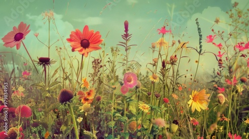 A field of flowers with a blue sky in the background