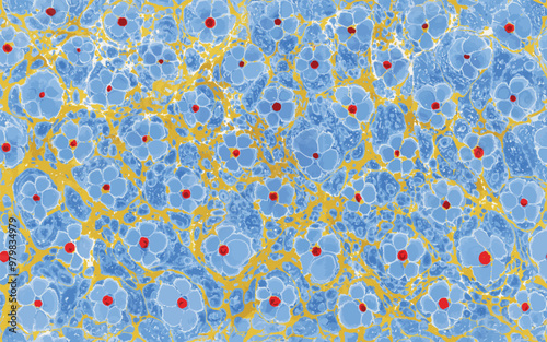 Seamless abstract blue floral marbling vector pattern with Turkish ebru technique