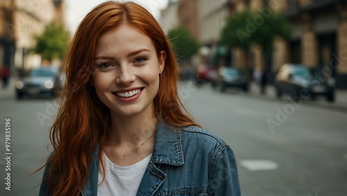 Red-haired girl smiling and posing in the city