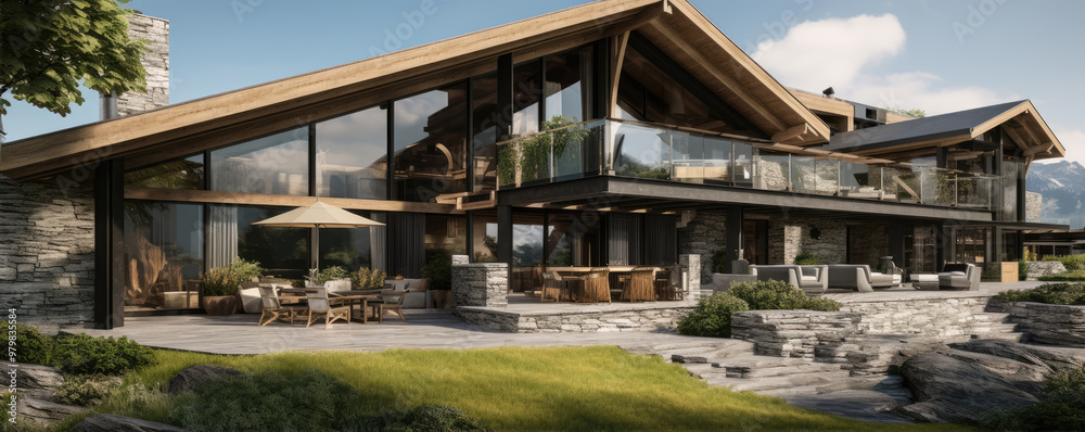 Fototapeta premium Wooden modern chalet in alps mountains. Super modern houses or huts with big windows