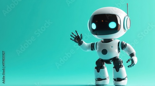 A friendly robot with glowing eyes waving against a turquoise background.