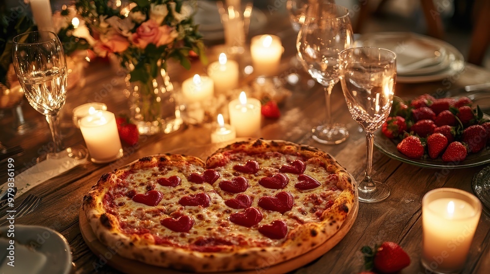 A romantic dinner table set with heart-shaped foods, including a heart-shaped pizza and strawberry dessert, surrounded by candles, symbolizing love A romantic dinner table set with heart-shaped foods, including a heart-shaped pizza and strawberry dessert, surrounded by candles, symbolizing love