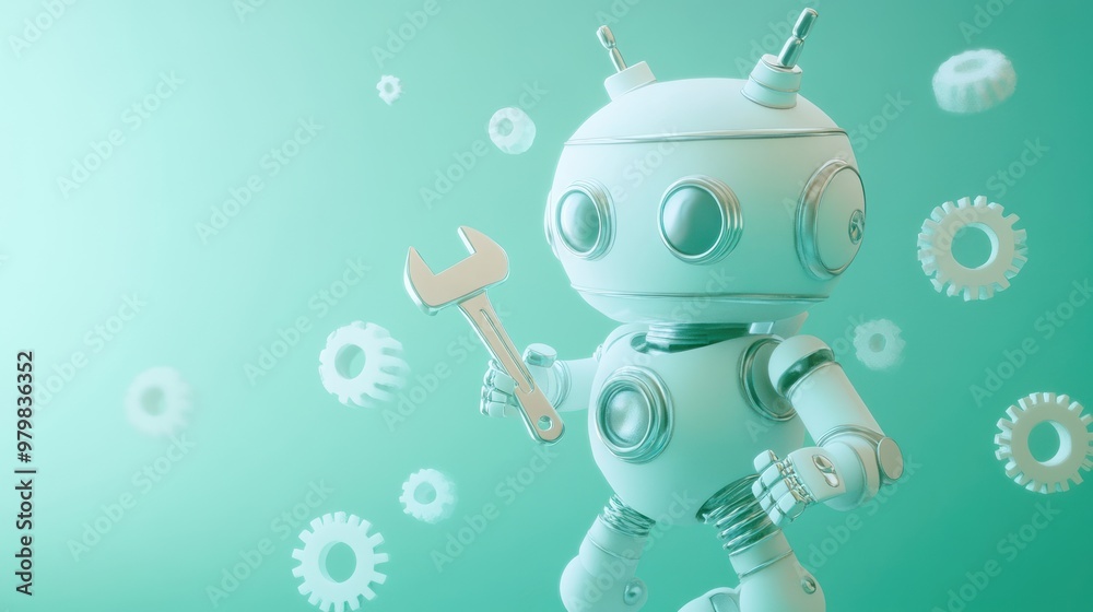 Naklejka premium A cartoon robot holding a wrench, surrounded by gears, symbolizing technology and repair.