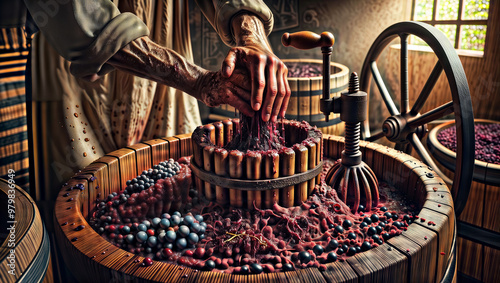 Traditional Wine Making. Hands press grapes in an old manual crusher. photo