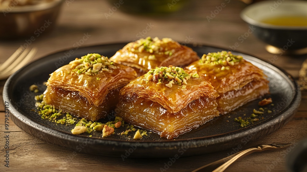 A Baklava. The most popular Turkish dishes. A sweet pastry made of layers of filo dough filled with chopped nuts and sweetened with honey or syrup. A Baklava. The most popular Turkish dishes. A sweet pastry made of layers of filo dough filled with chopped nuts and sweetened with honey or syrup.