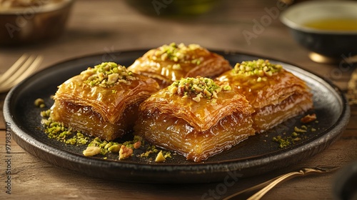 A Baklava. The most popular Turkish dishes. A sweet pastry made of layers of filo dough filled with chopped nuts and sweetened with honey or syrup.
