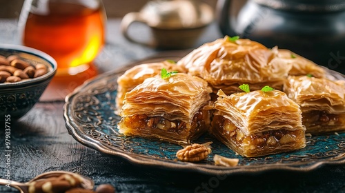 A Baklava. The most popular Turkish dishes. A sweet pastry made of layers of filo dough filled with chopped nuts and sweetened with honey or syrup.