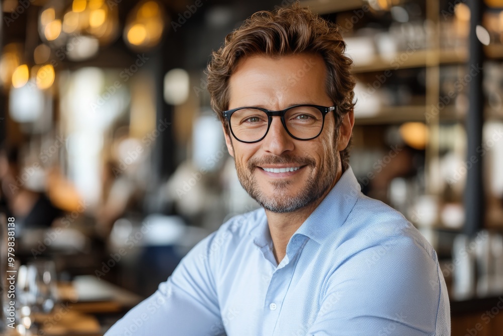 Obraz premium Smiling man with glasses in a modern cafe symbolizing creativity intelligence and the warm inviting atmosphere of a work friendly environment