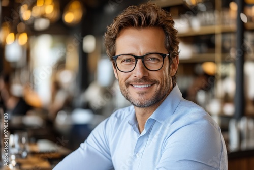 Smiling man with glasses in a modern cafe symbolizing creativity intelligence and the warm inviting atmosphere of a work friendly environment