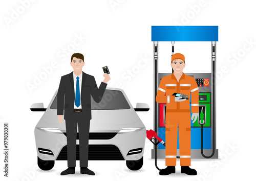 Man Making Payment by Credit Card  for Refueling Car at Gas Station. Vector Illustration.