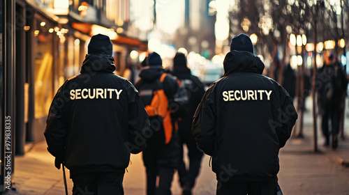 Two security guards on evening patrol, protecting citizens and businesses in the city