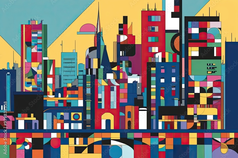 Colorful Abstract Cityscape Art Featuring Geometric Shapes and Bauhaus Elements