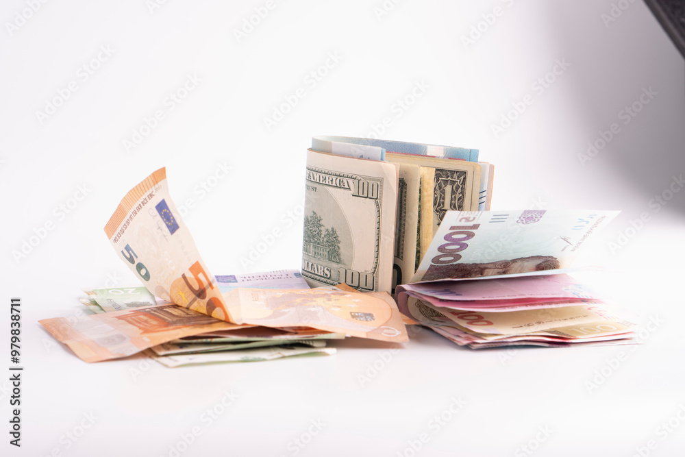 Many banknotes of different currency. Background of big amount of random money bills close up