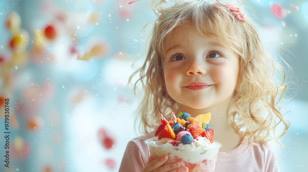 Chubby child enjoying a healthy yogurt parfait, with fruit art creating a magical scene on top, making nutritious snacks appealing Chubby child enjoying a healthy yogurt parfait, with fruit art creating a magical scene on top, making nutritious snacks appealing