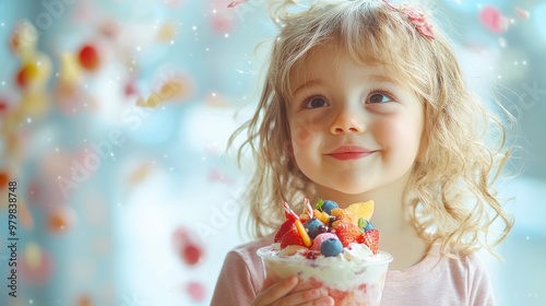 Chubby child enjoying a healthy yogurt parfait, with fruit art creating a magical scene on top, making nutritious snacks appealing