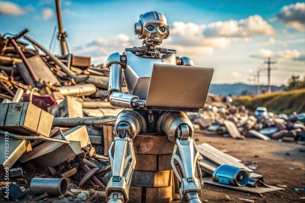 A robot is sitting on a pile of trash and using a laptop. The scene is set in a desolate area, with a cloudy sky overhead. The robot's presence in this environment is unusual and intriguing. A robot is sitting on a pile of trash and using a laptop. The scene is set in a desolate area, with a cloudy sky overhead. The robot's presence in this environment is unusual and intriguing.