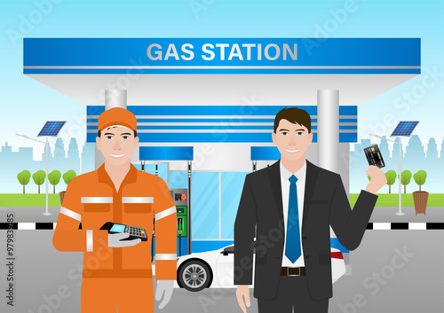 Man Making Payment by Credit Card  for Refueling Car at Gas Station. Vector Illustration.