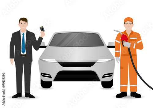 Man Making Payment by Credit Card  for Refueling Car at Gas Station. Vector Illustration.