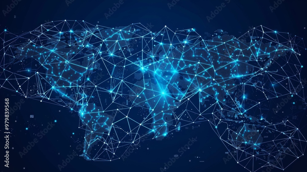 A blue digital world map with global network connections, representing the concept of international trade and connectivity between countries. The background is dark to highlight the detailed line art A blue digital world map with global network connections, representing the concept of international trade and connectivity between countries. The background is dark to highlight the detailed line art