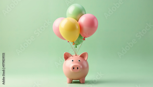 Joyful Beginnings: A Cheerful Piggy Bank Surrounded by Colorful Balloons in a Soft Green Setting, Symbolizing Savings, Celebration, and Lighthearted Financial Management