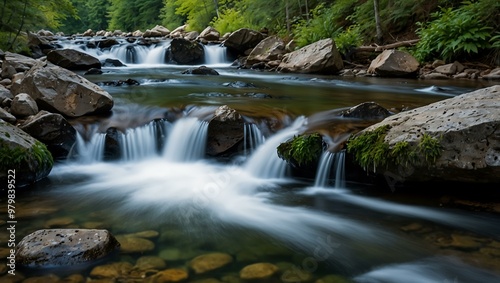 Rushing mountain stream with cascades.