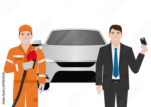 Man Making Payment by Credit Card  for Refueling Car at Gas Station. Vector Illustration.