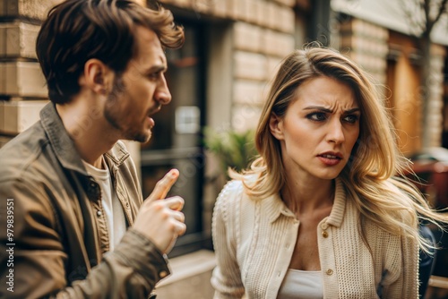 The woman is upset by the quarrel and sadly remains silent, turning away. The problem of conflict in the family.
