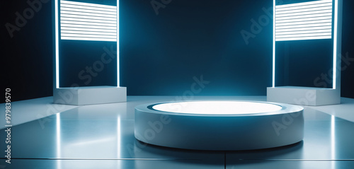 Futuristic neon podium. Abstract template for product presentation