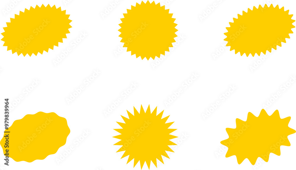 Starburst yellow sticker set - collection of special offer sale oval and round shaped sunburst labels and badges. Promo stickers with star edges. Vector. Starburst yellow sticker set - collection of special offer sale oval and round shaped sunburst labels and badges. Promo stickers with star edges. Vector.