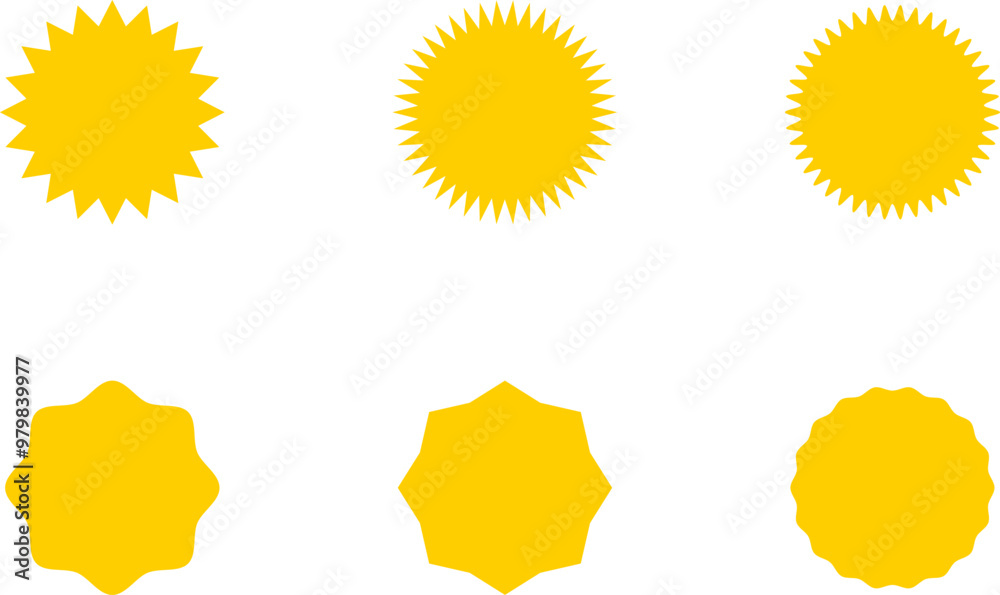 Starburst yellow sticker set - collection of special offer sale oval and round shaped sunburst labels and badges. Promo stickers with star edges. Vector. Starburst yellow sticker set - collection of special offer sale oval and round shaped sunburst labels and badges. Promo stickers with star edges. Vector.