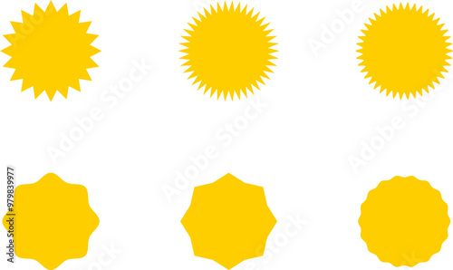 Starburst yellow sticker set - collection of special offer sale oval and round shaped sunburst labels and badges. Promo stickers with star edges. Vector.