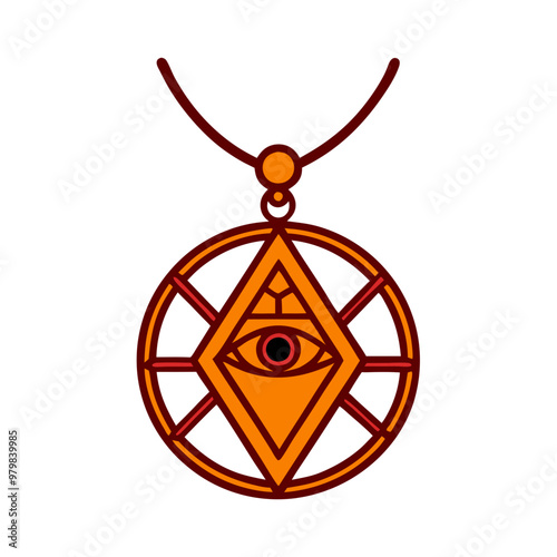 A gold colored necklace with a red eye and a black dot in the center. The necklace is circular and has a gold chain