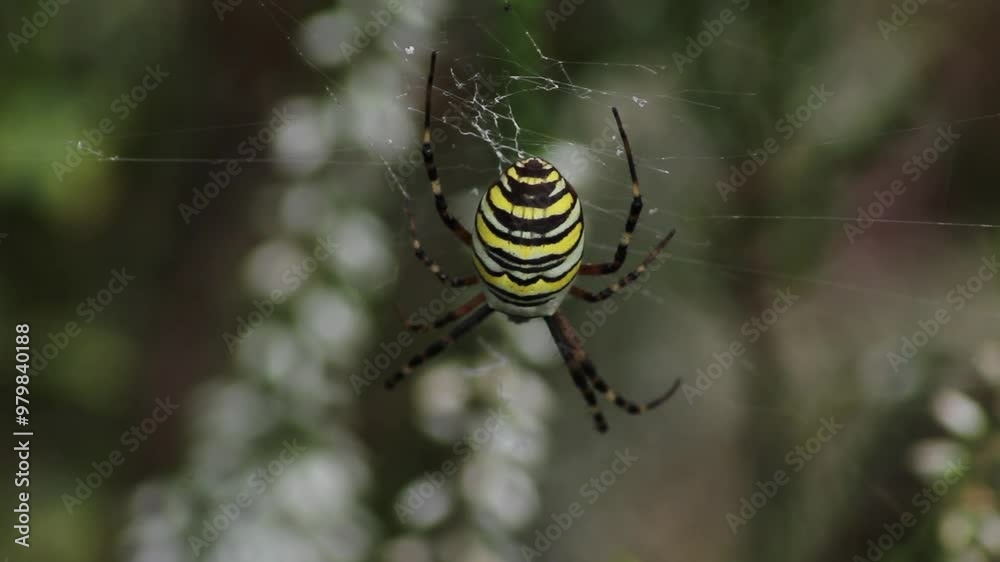 Wasp spider (Argiope bruennichi) on web. Black and yellow stripe. Large, colorful spider
Wasp spider (Argiope bruennichi) on web. Black and yellow stripe. Large, colorful spider