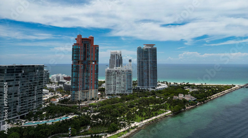 Summer in Miami . Miami beach coastline. Panoramic view of Luxury condos in Miami Beach Florida. Aerial View of Surfside Miami Beach. photo