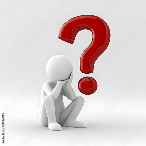 3D Character Holding a Large Red Question Mark on White Background – Conceptual Illustration