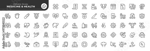 Medicine and healthcare line icon set. Human organs, treatment, pills, first aid, medical instruments and more. Outline icon in linear style. Vector collection.	
