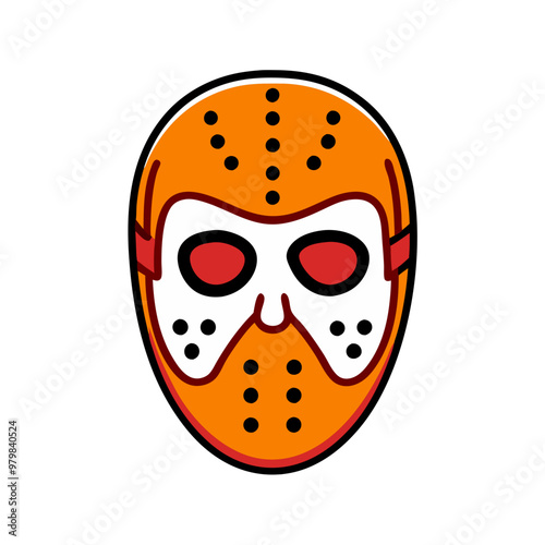 A cartoonish drawing of a hockey goalie with a red face and orange mask. The drawing is in black and white and has a bold, cartoonish style