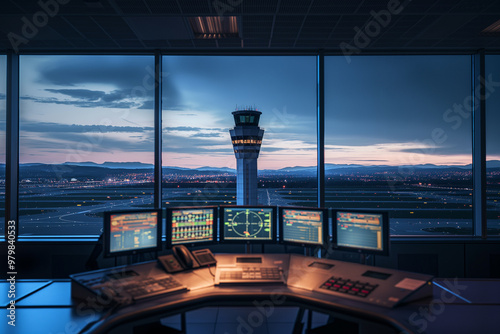 Tall modern airport control tower with advanced design